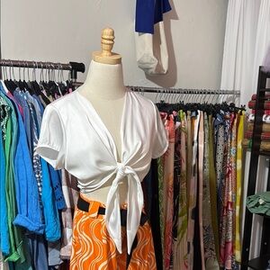White Crop Tie-Front Blouse with Short Sleeves